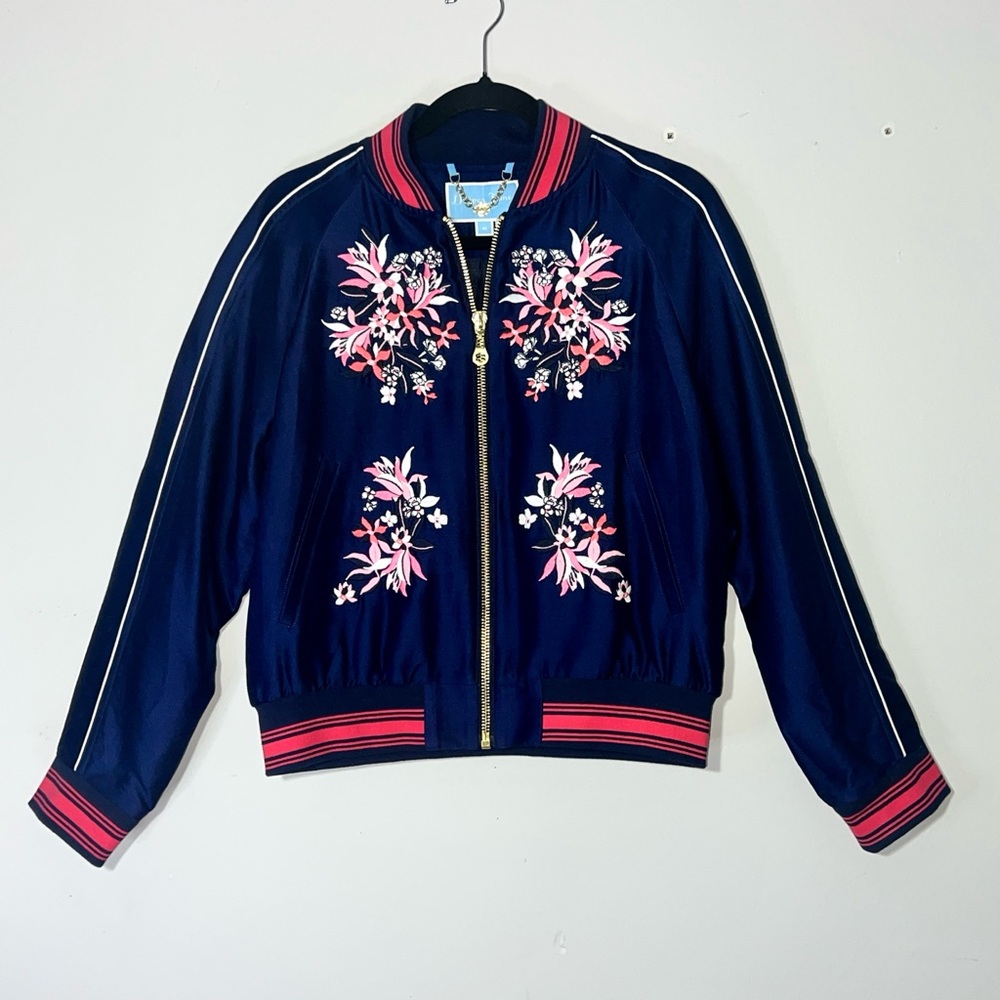 DRAPER JAMES Embroidered Silk Cotton Bomber Jacket Sz Medium